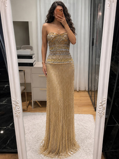 Gold Crystal Beaded Tassel Strapless Column Evening Dress LA73973
