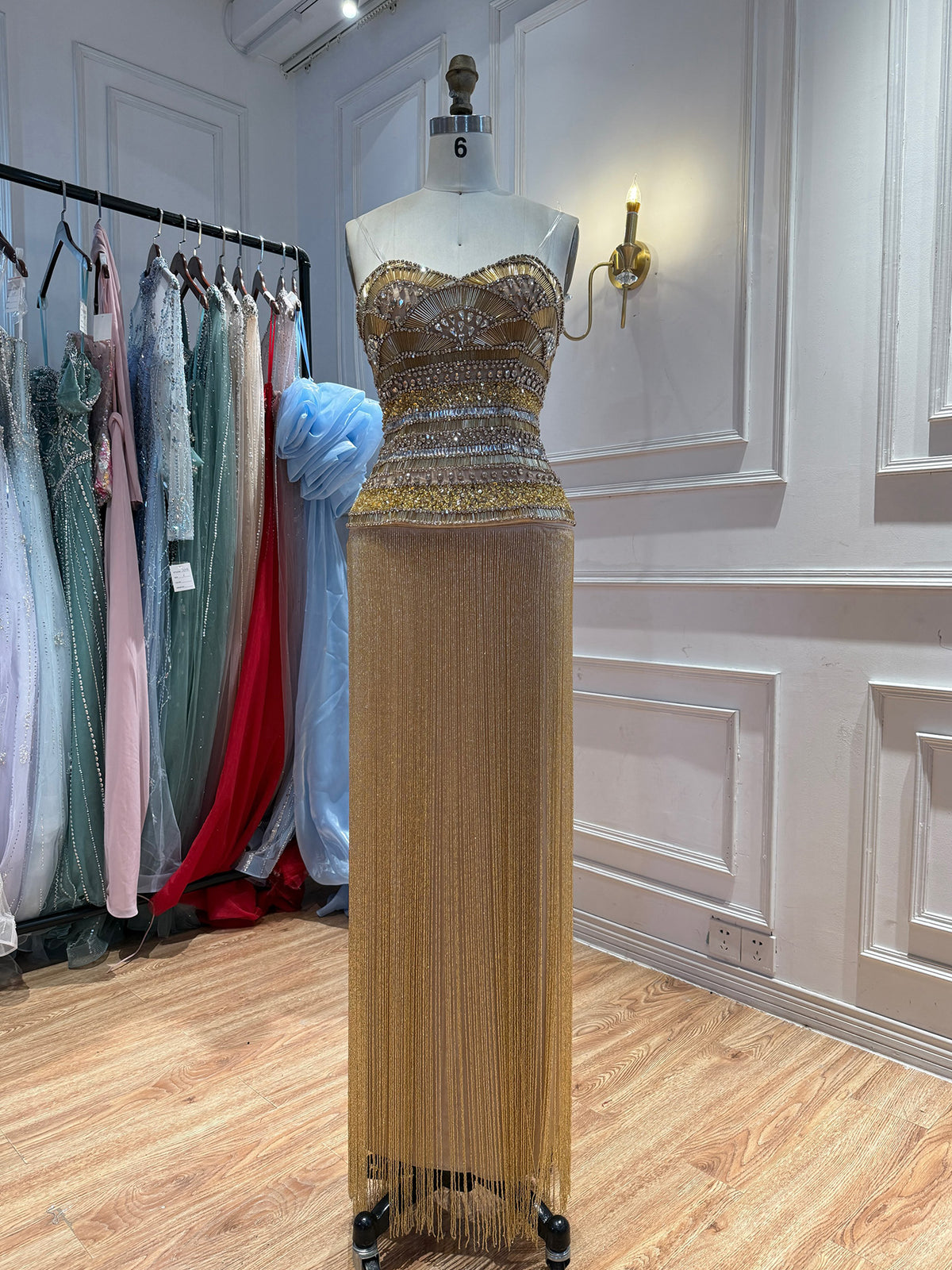 Gold Crystal Beaded Tassel Strapless Column Evening Dress LA73973