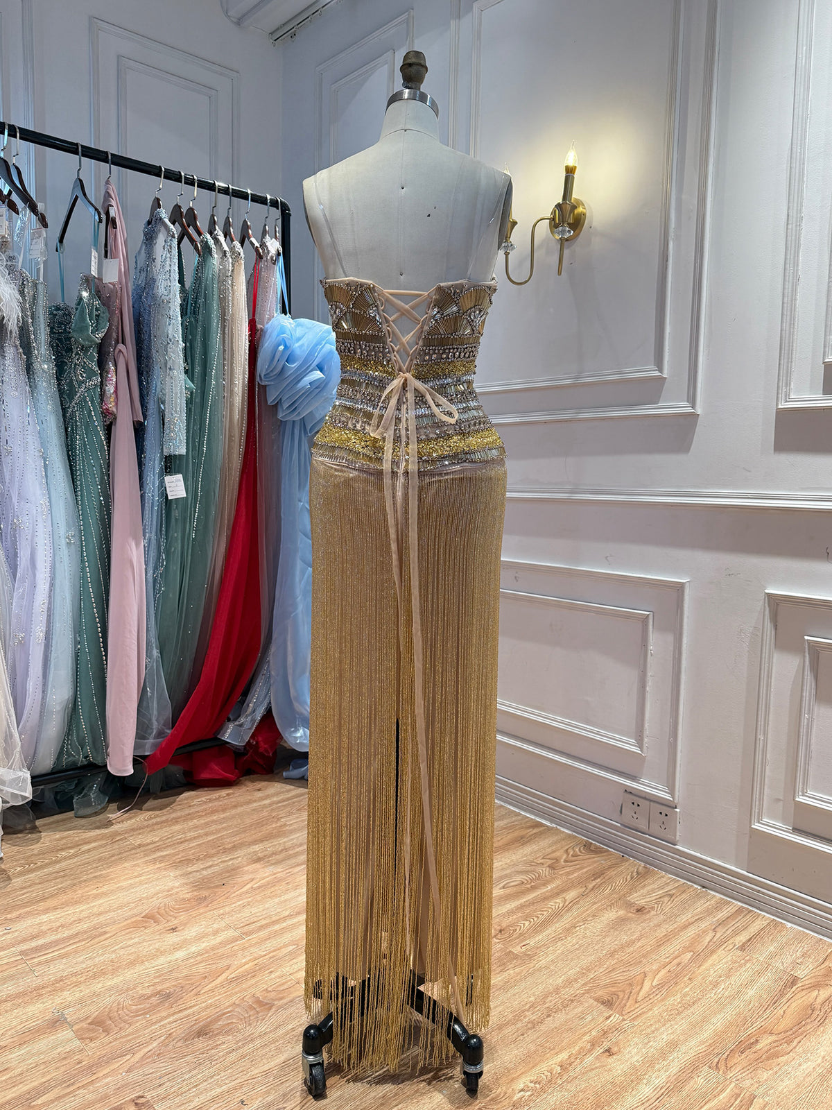 Gold Crystal Beaded Tassel Strapless Column Evening Dress LA73973