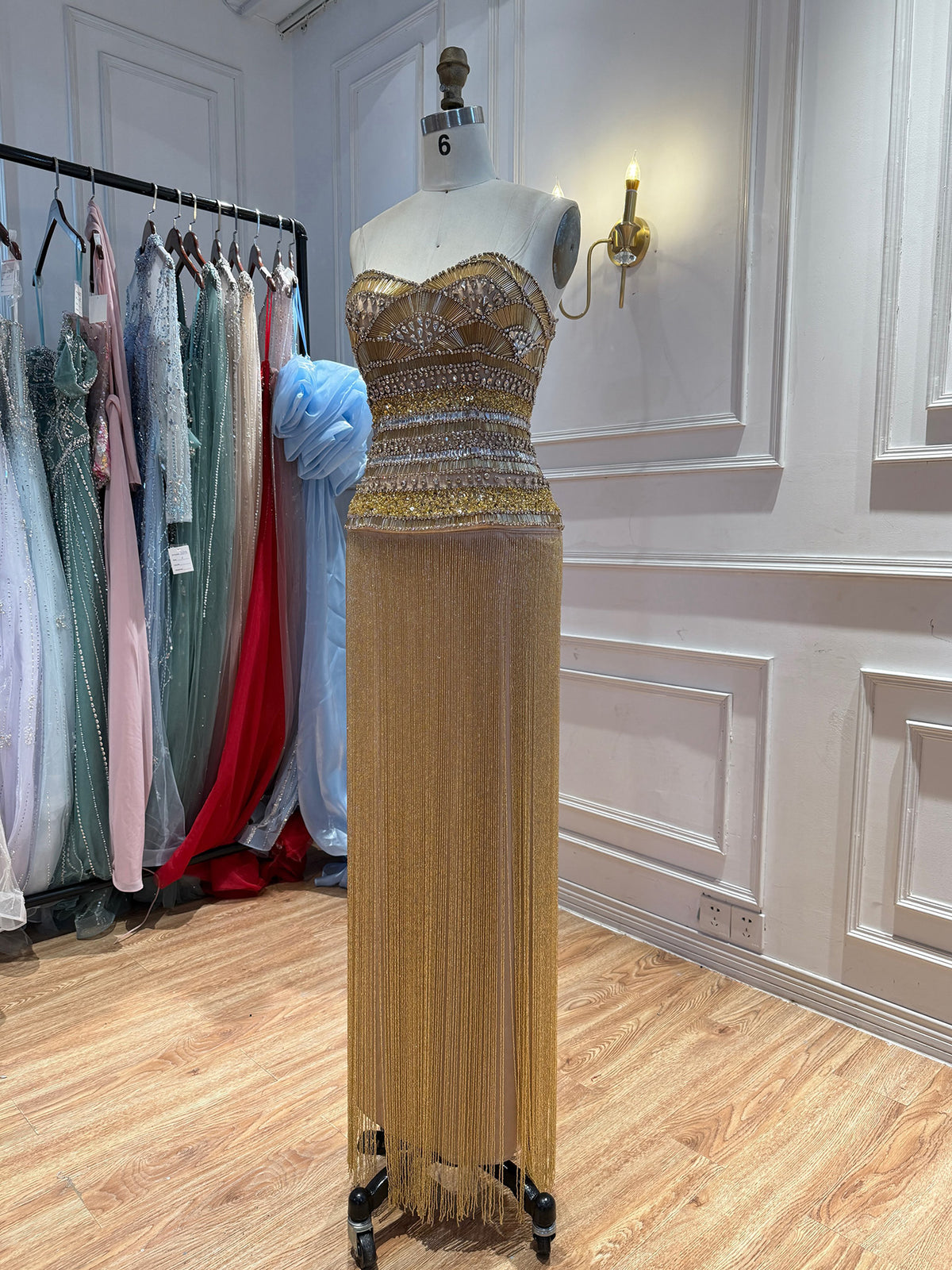 Gold Crystal Beaded Tassel Strapless Column Evening Dress LA73973