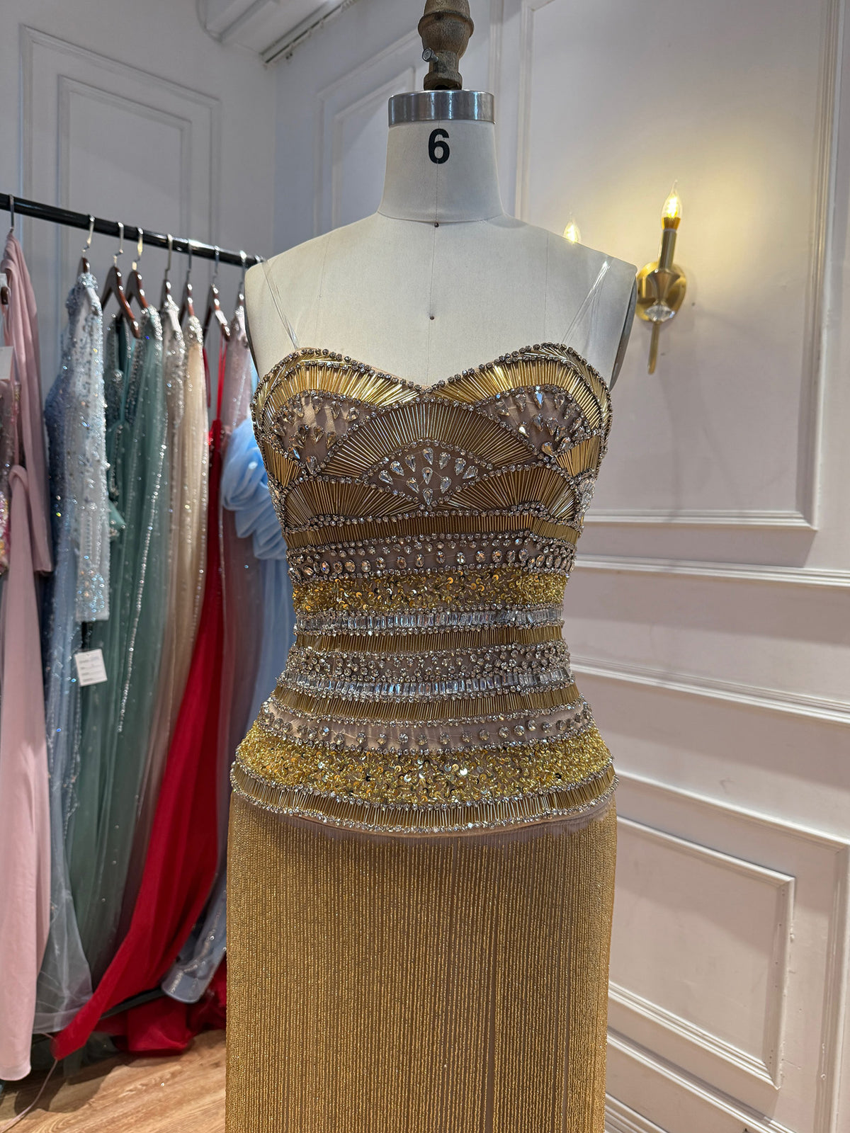 Gold Crystal Beaded Tassel Strapless Column Evening Dress LA73973