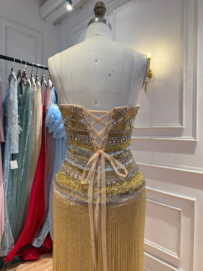Gold Crystal Beaded Tassel Strapless Column Evening Dress LA73973