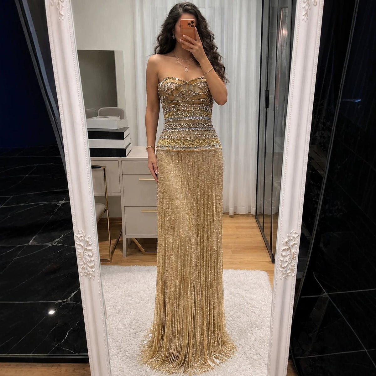 Gold Crystal Beaded Tassel Strapless Column Evening Dress LA73973