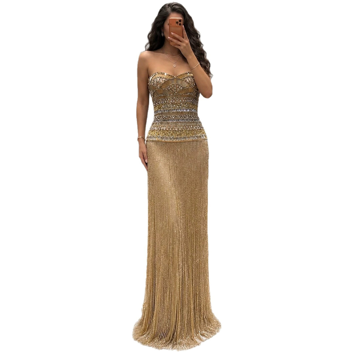 Gold Crystal Beaded Tassel Strapless Column Evening Dress LA73973
