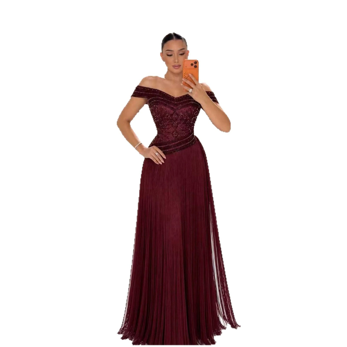 Wine Red Beaded Tassel Off Shoulder Column Evening Dress LA73974