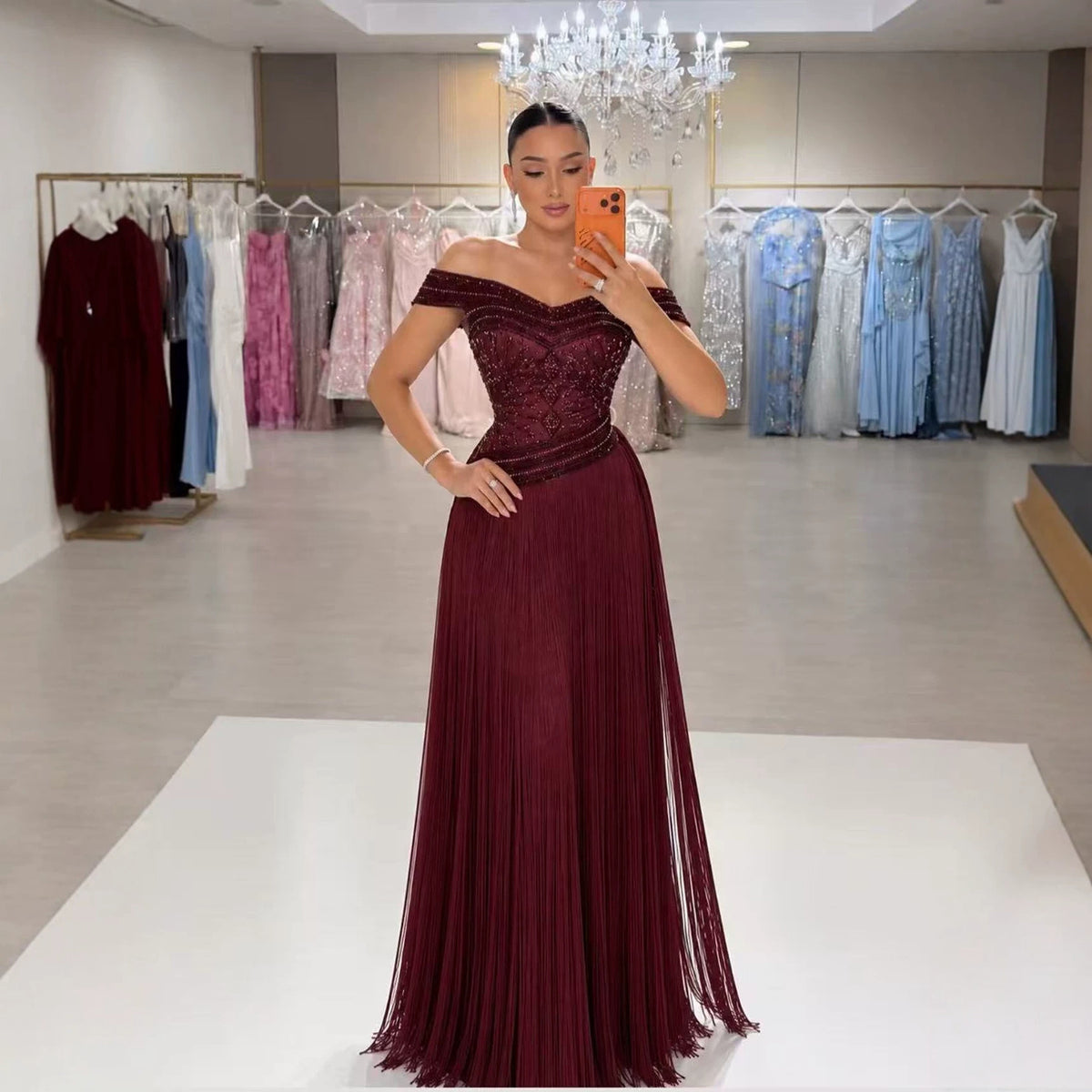 Wine Red Beaded Tassel Off Shoulder Column Evening Dress LA73974