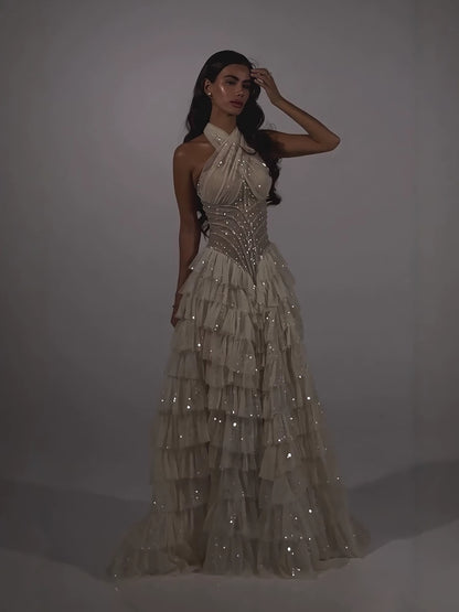 Beige Beaded Halter Tiered Ruffle A Line Evening Dress LA73977