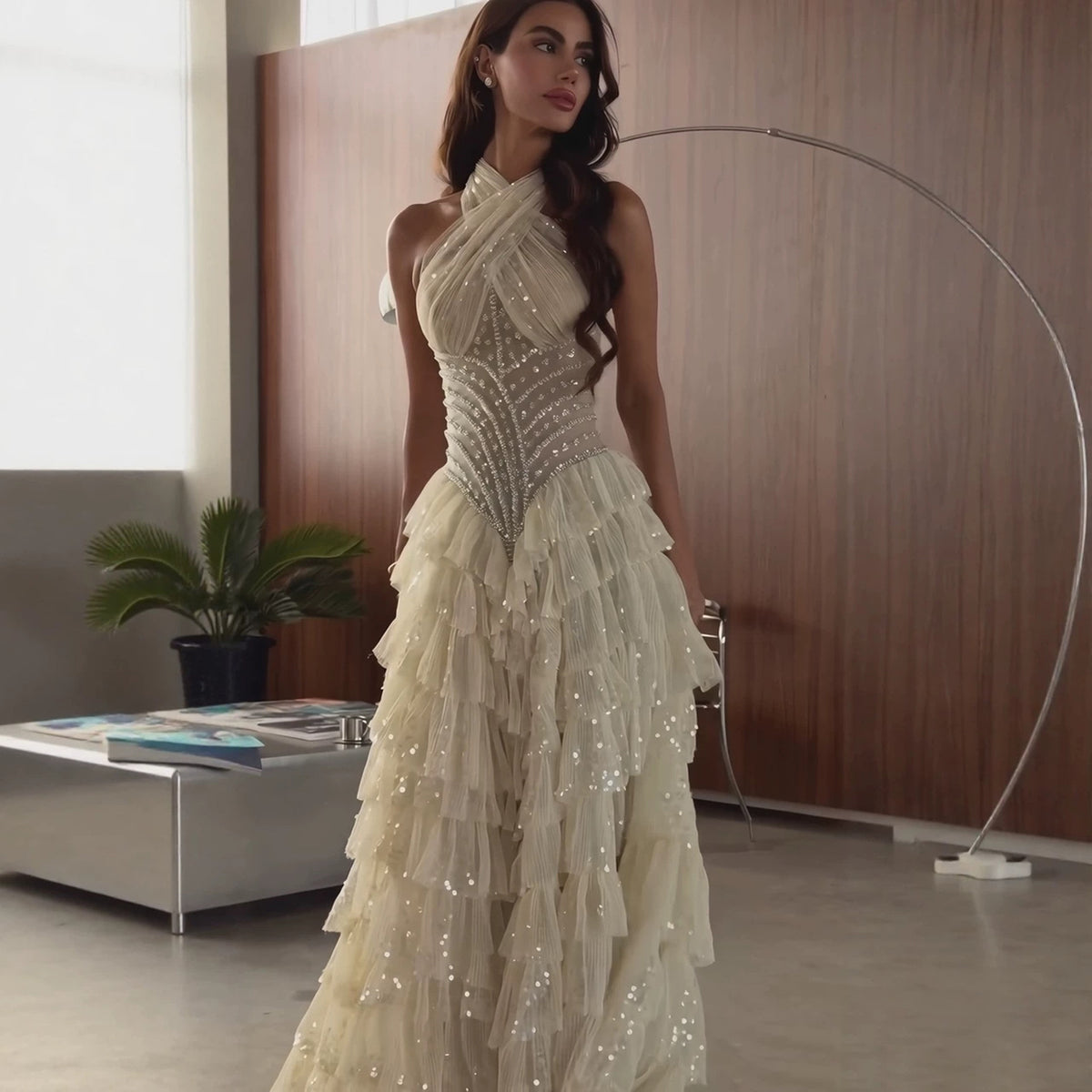 Beige Beaded Halter Tiered Ruffle A Line Evening Dress LA73977