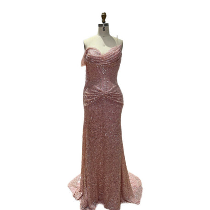 Pink Beaded One Shoulder Draped Waist Mermaid Dress LA73978
