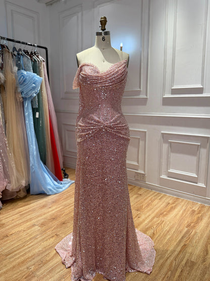 Pink Beaded One Shoulder Draped Waist Mermaid Dress LA73978