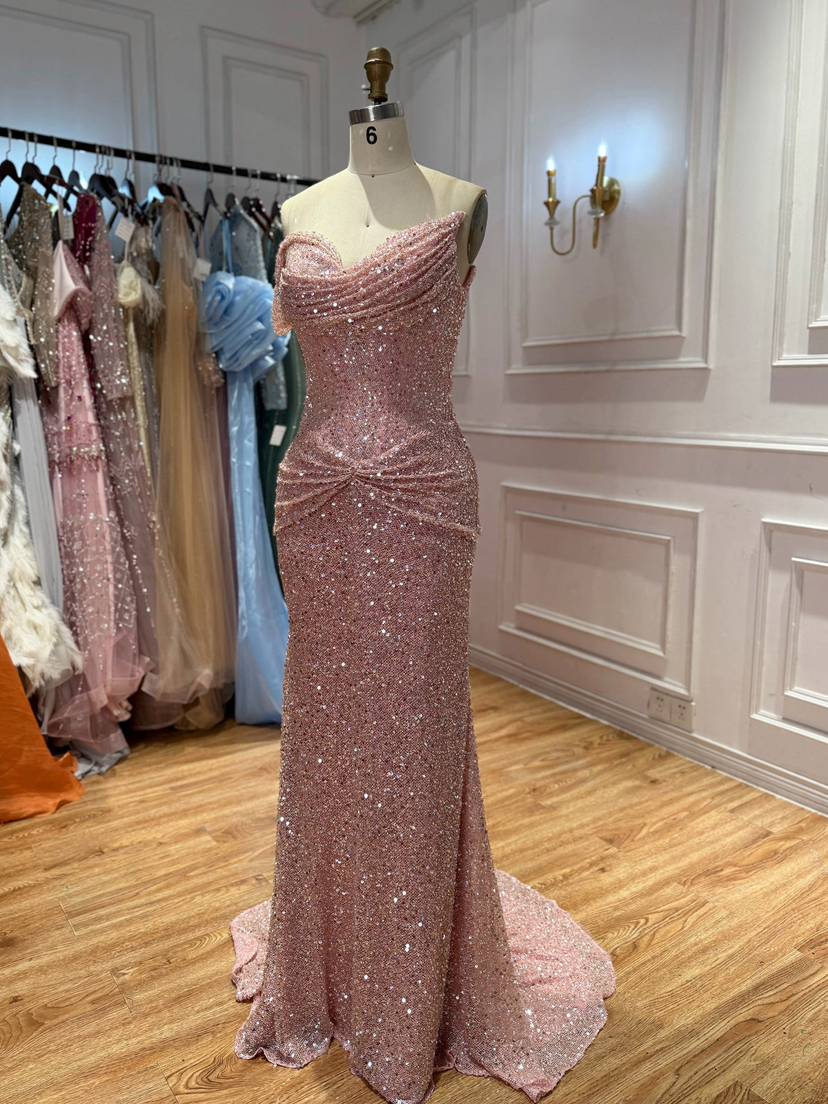 Pink Beaded One Shoulder Draped Waist Mermaid Dress LA73978