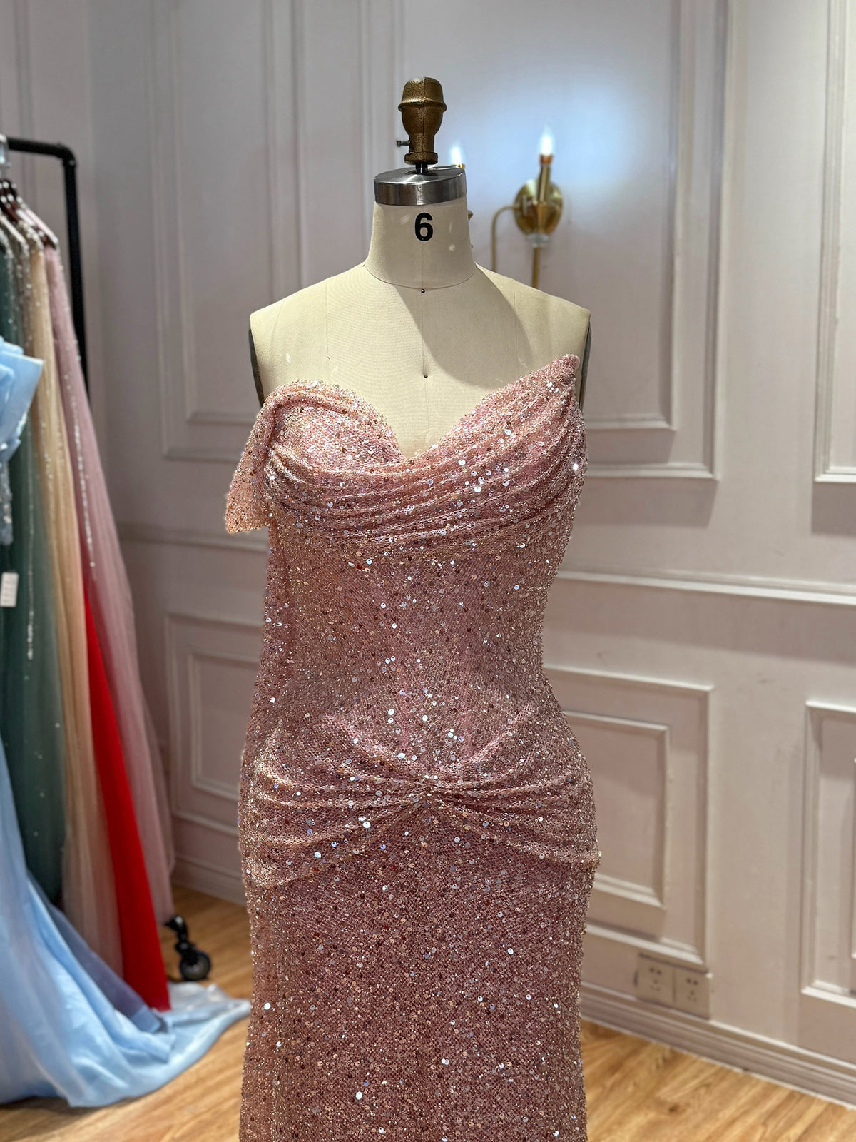 Pink Beaded One Shoulder Draped Waist Mermaid Dress LA73978