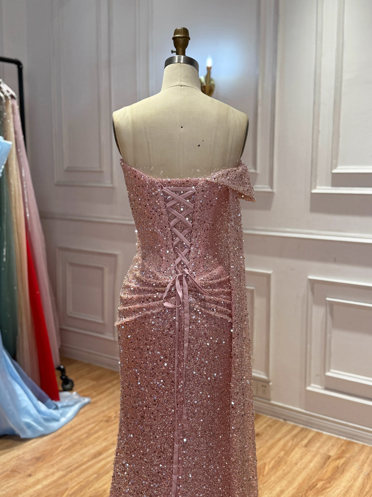 Pink Beaded One Shoulder Draped Waist Mermaid Dress LA73978