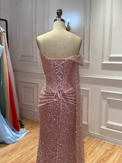 Pink Beaded One Shoulder Draped Waist Mermaid Dress LA73978