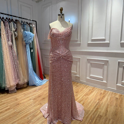 Pink Beaded One Shoulder Draped Waist Mermaid Dress LA73978