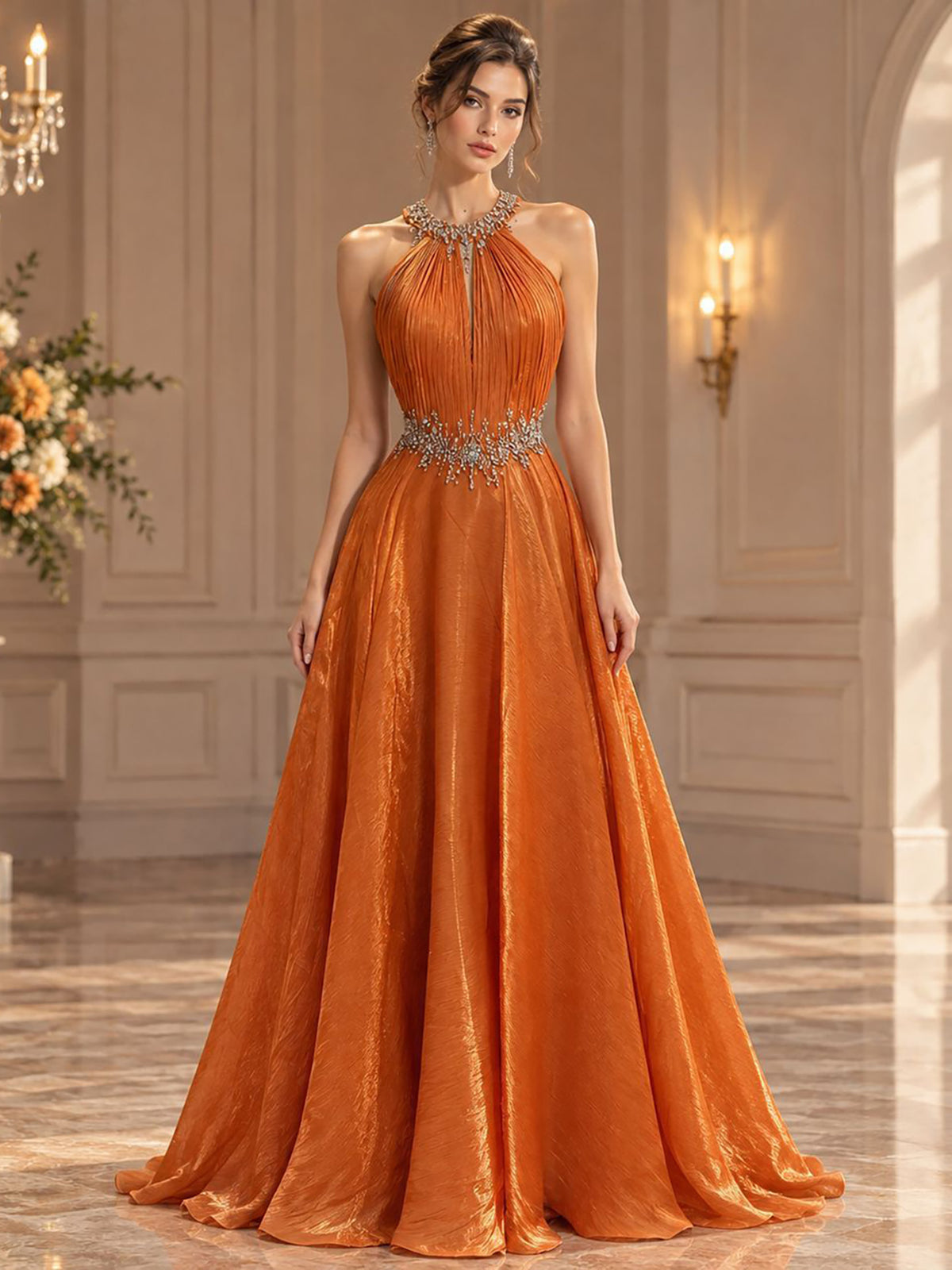 Luxury Orange Beaded Halter A Line Evening Gown LA73979