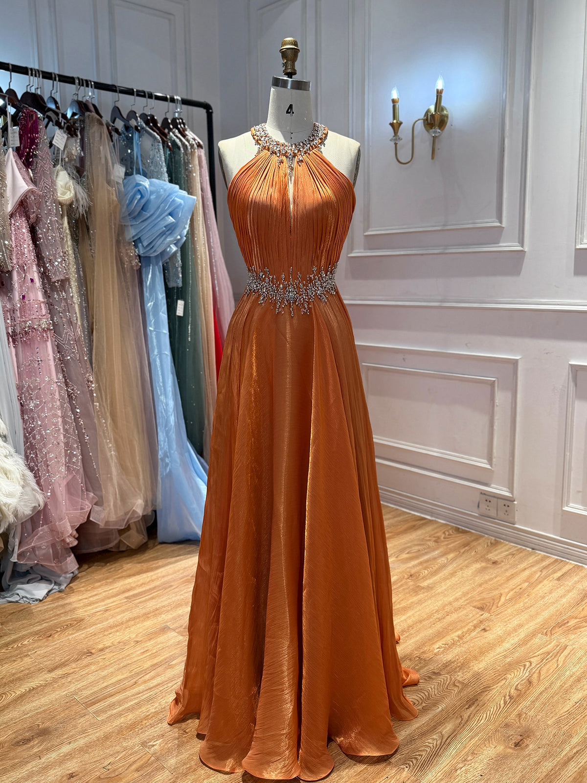 Luxury Orange Beaded Halter A Line Evening Gown LA73979