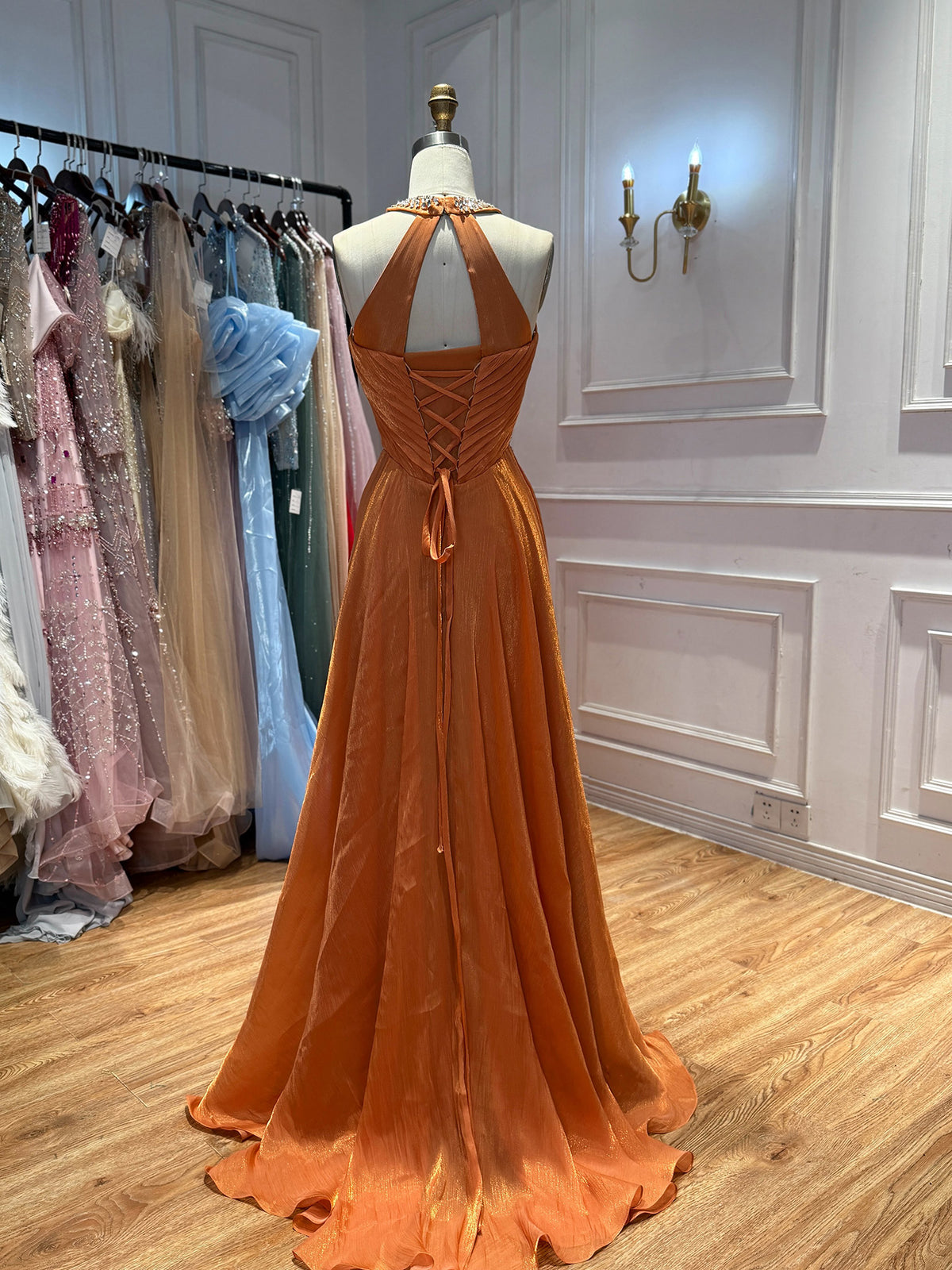 Luxury Orange Beaded Halter A Line Evening Gown LA73979