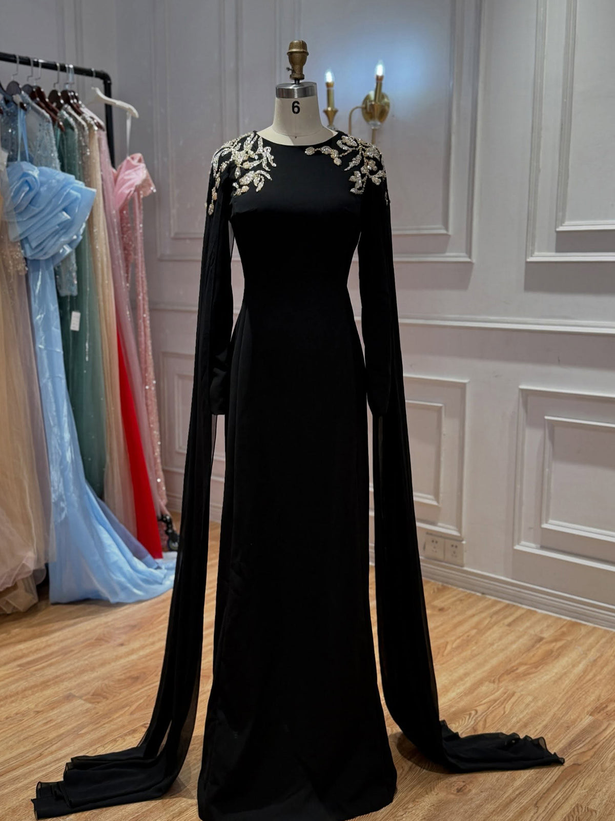 Black Beaded Embellished Cape Sleeves Evening Gown LA73980