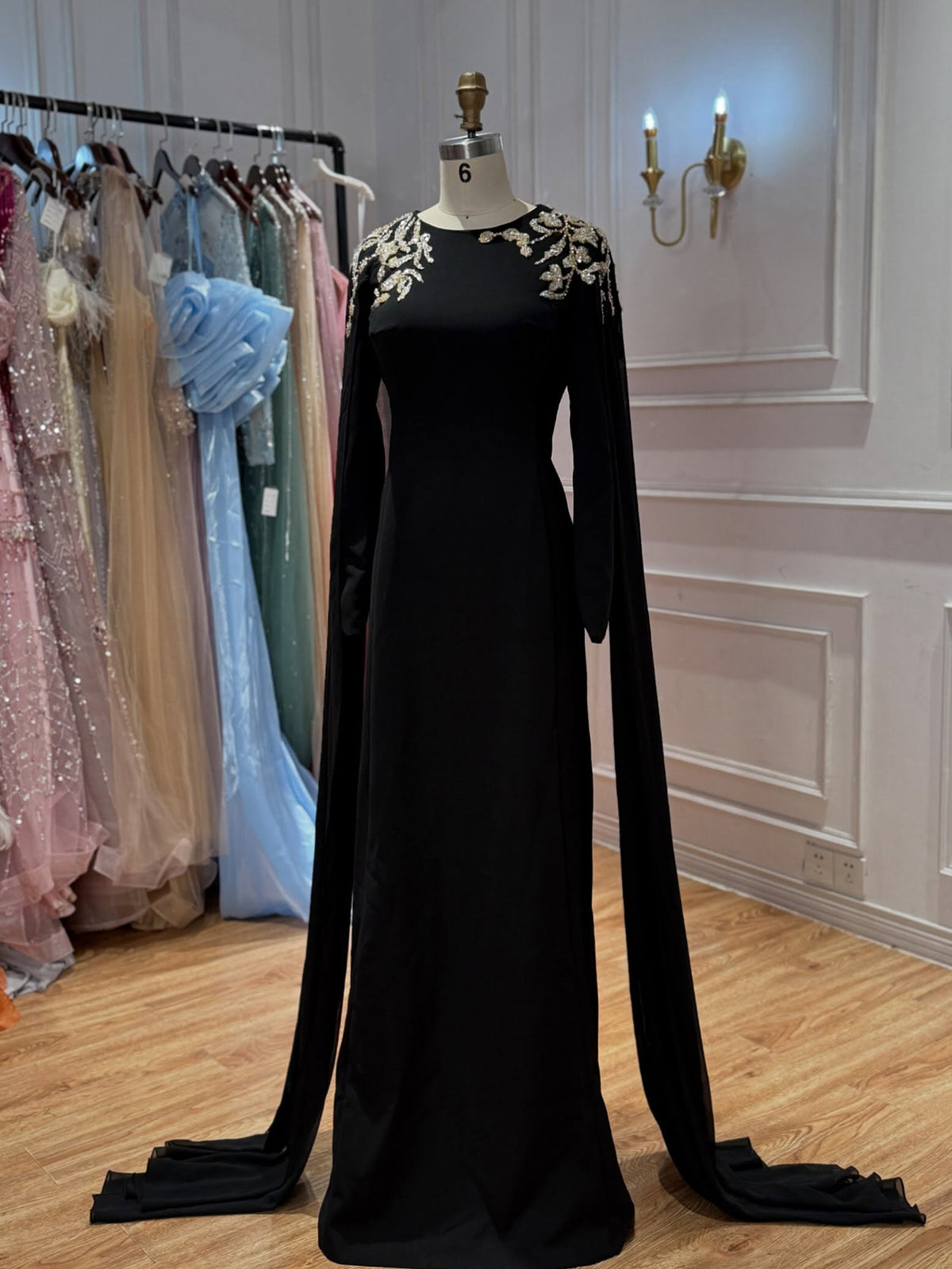 Black Beaded Embellished Cape Sleeves Evening Gown LA73980