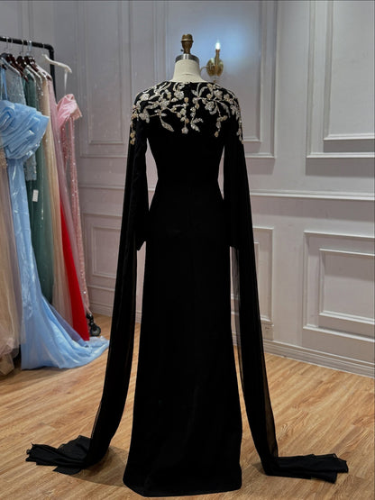 Black Beaded Embellished Cape Sleeves Evening Gown LA73980