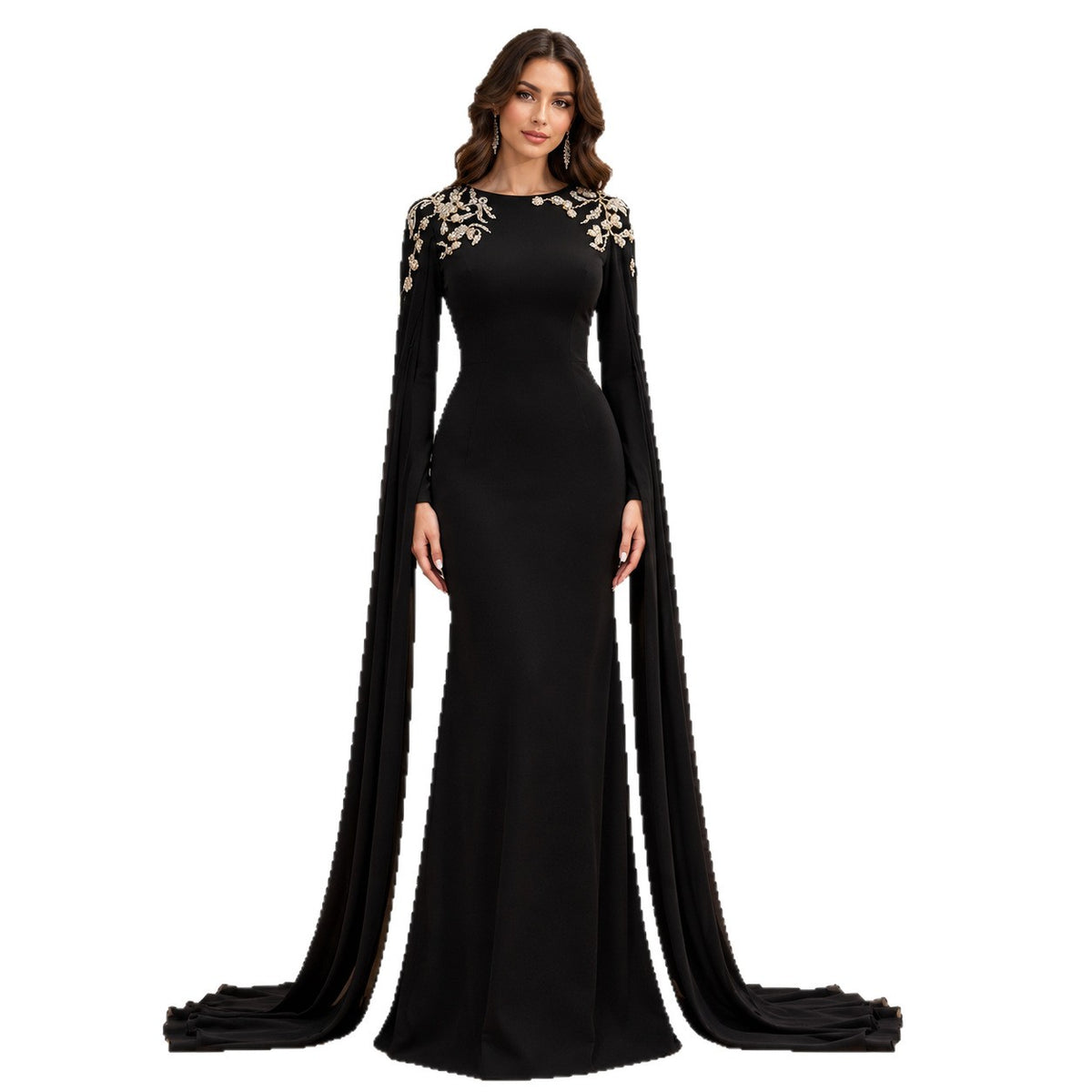 Black Beaded Embellished Cape Sleeves Evening Gown LA73980