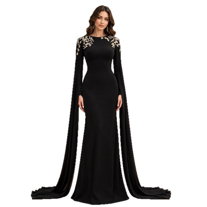 Black Beaded Embellished Cape Sleeves Evening Gown LA73980