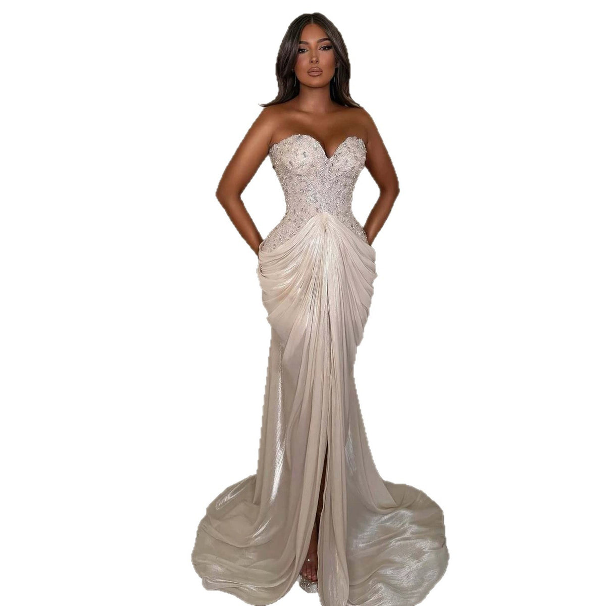 Beige Crystal Beaded Strapless Draped Mermaid Evening Dress LA73981