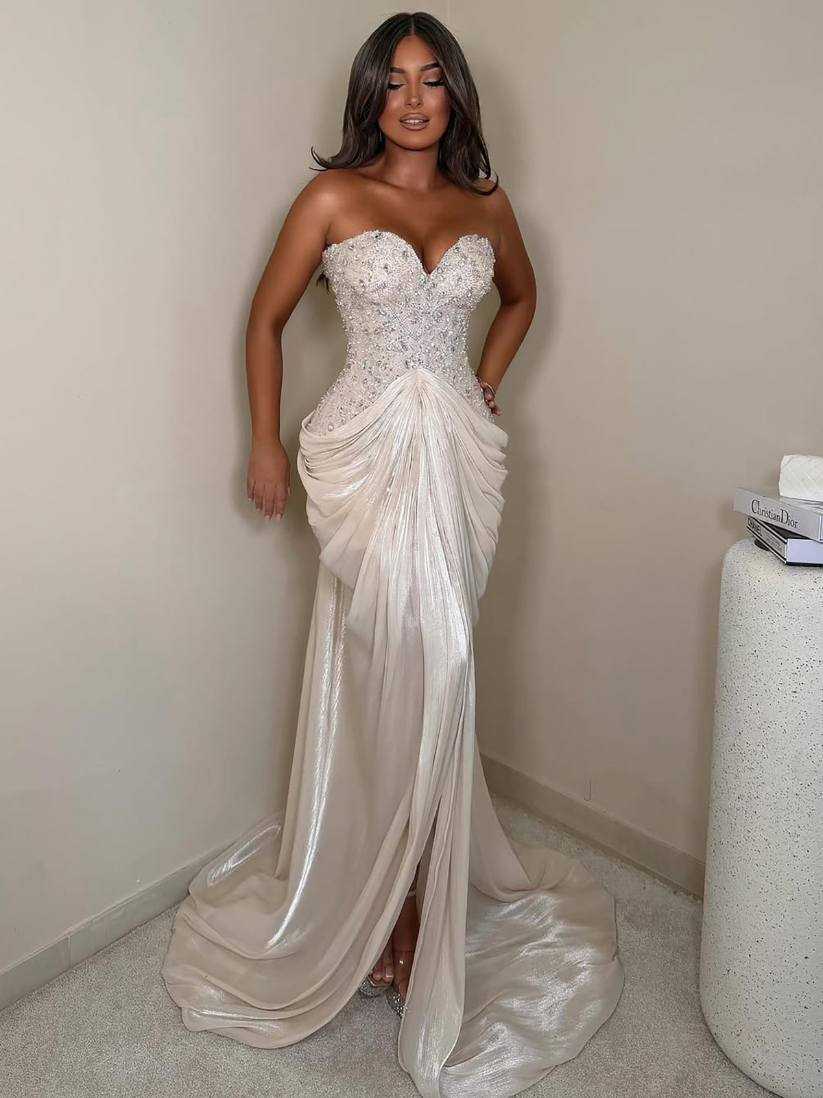 Beige Crystal Beaded Strapless Draped Mermaid Evening Dress LA73981