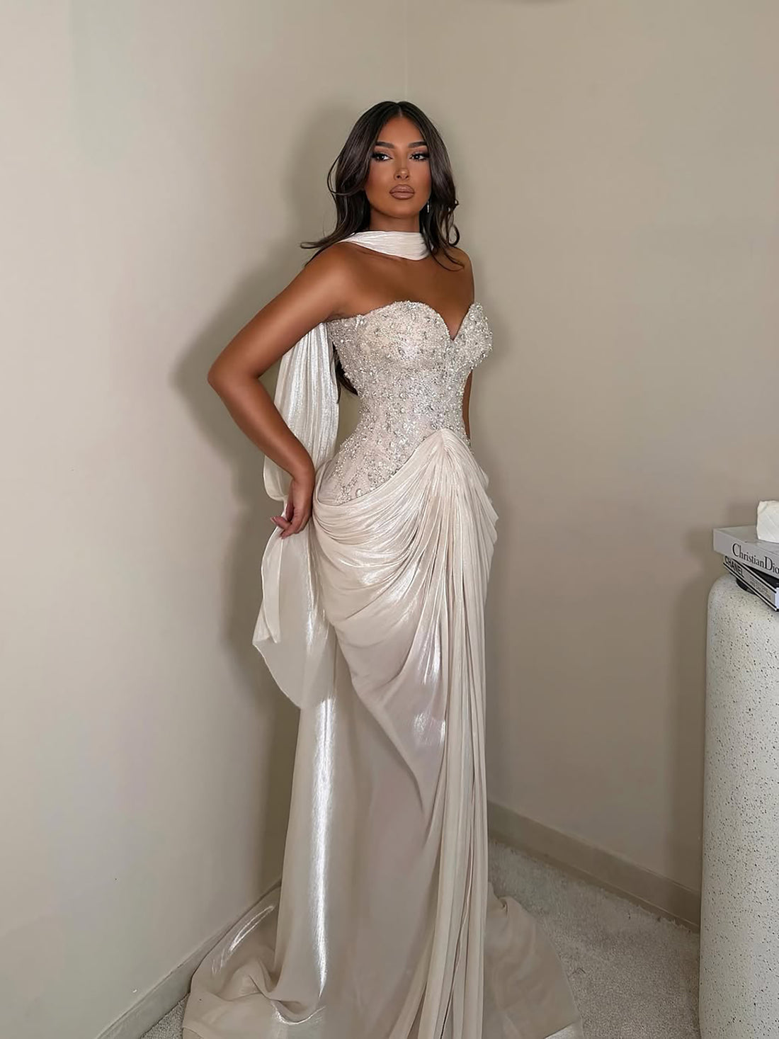 Beige Crystal Beaded Strapless Draped Mermaid Evening Dress LA73981