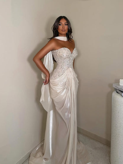 Beige Crystal Beaded Strapless Draped Mermaid Evening Dress LA73981