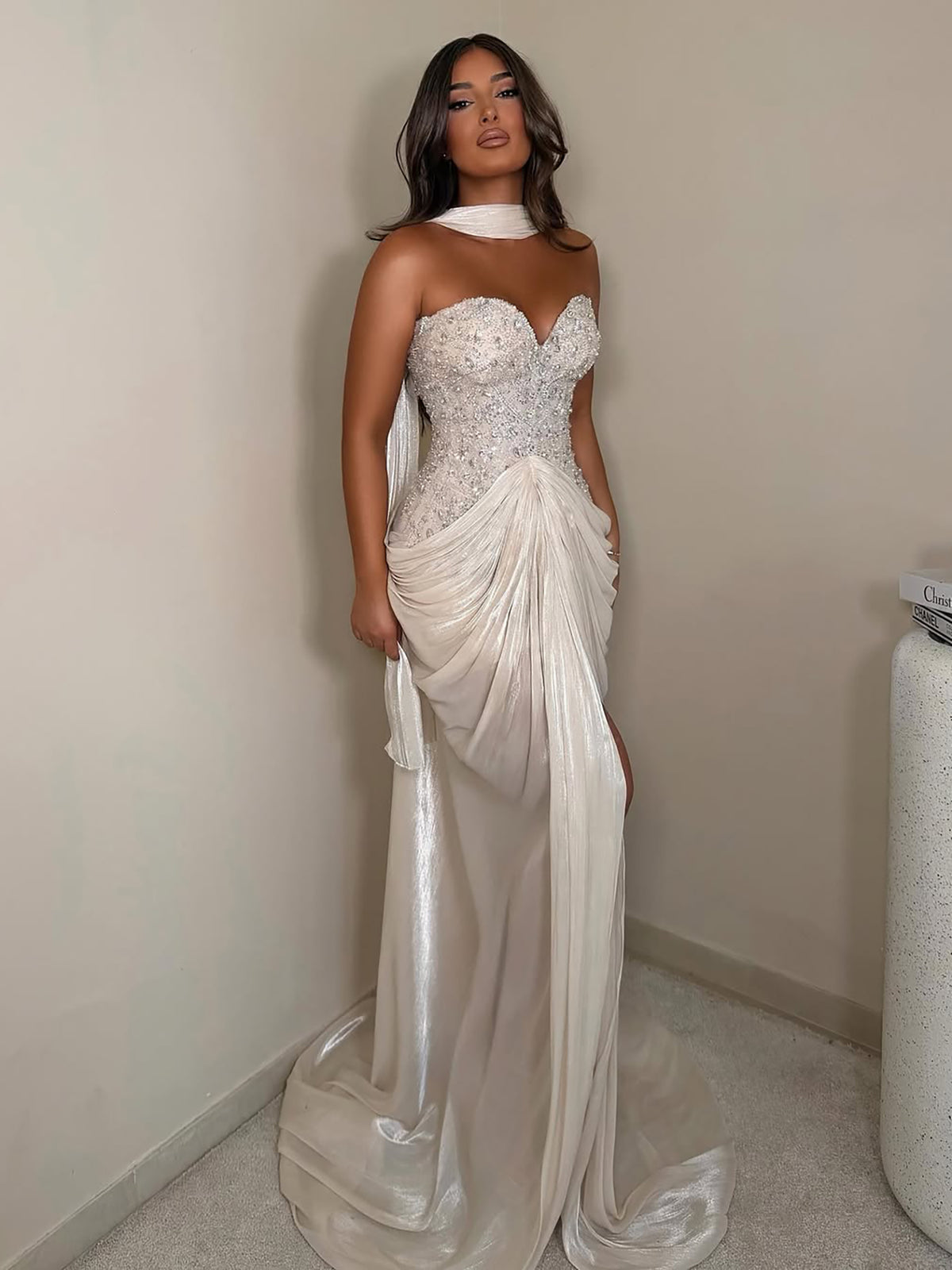 Beige Crystal Beaded Strapless Draped Mermaid Evening Dress LA73981
