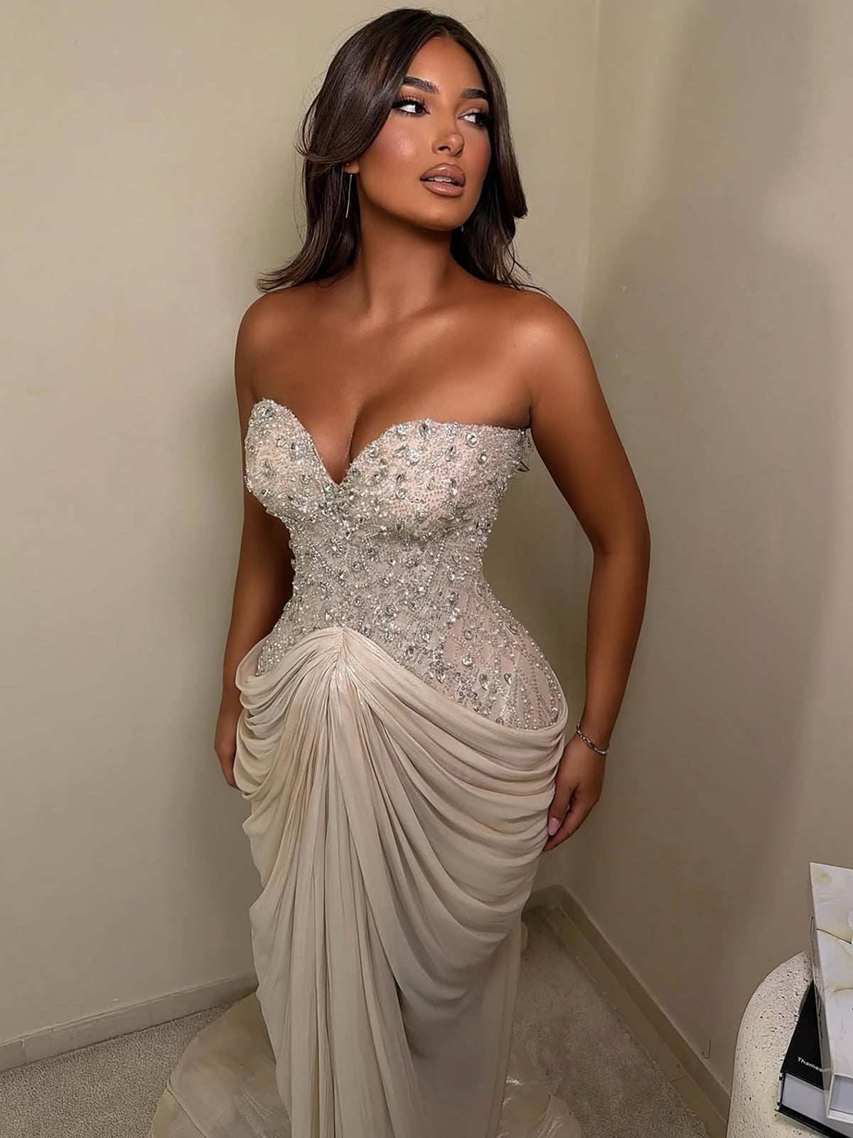 Beige Crystal Beaded Strapless Draped Mermaid Evening Dress LA73981