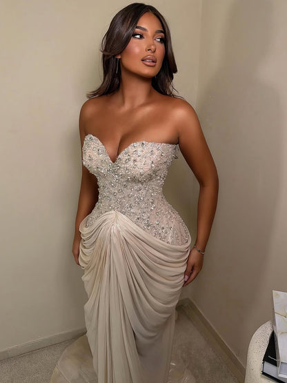 Beige Crystal Beaded Strapless Draped Mermaid Evening Dress LA73981