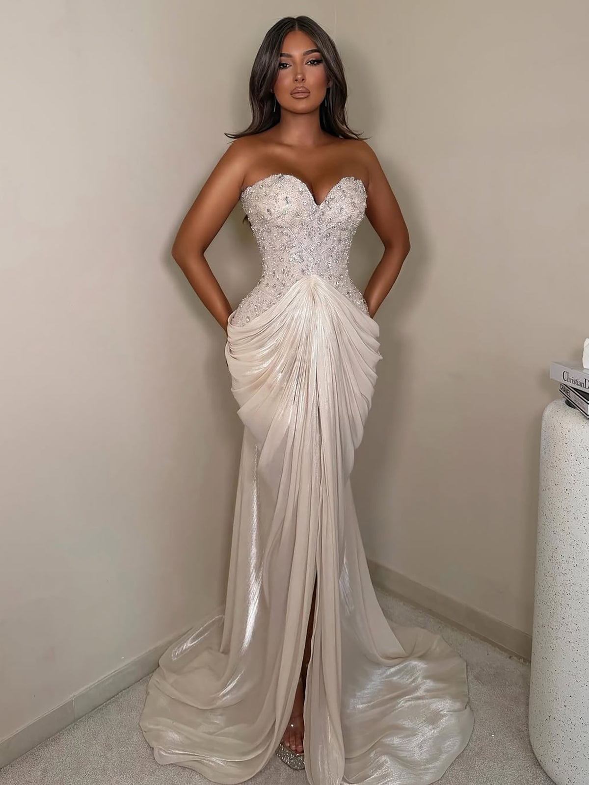 Beige Crystal Beaded Strapless Draped Mermaid Evening Dress LA73981