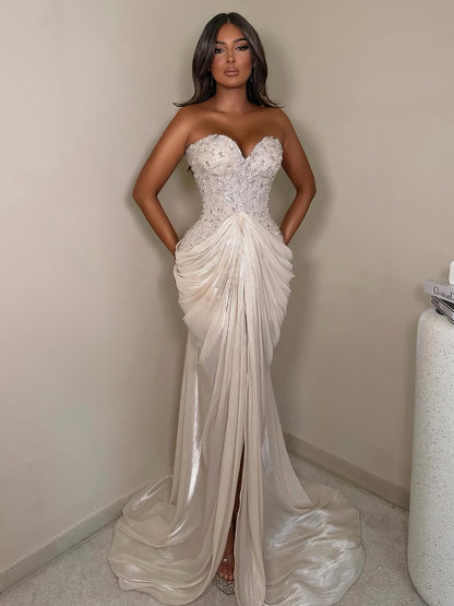 Beige Crystal Beaded Strapless Draped Mermaid Evening Dress LA73981