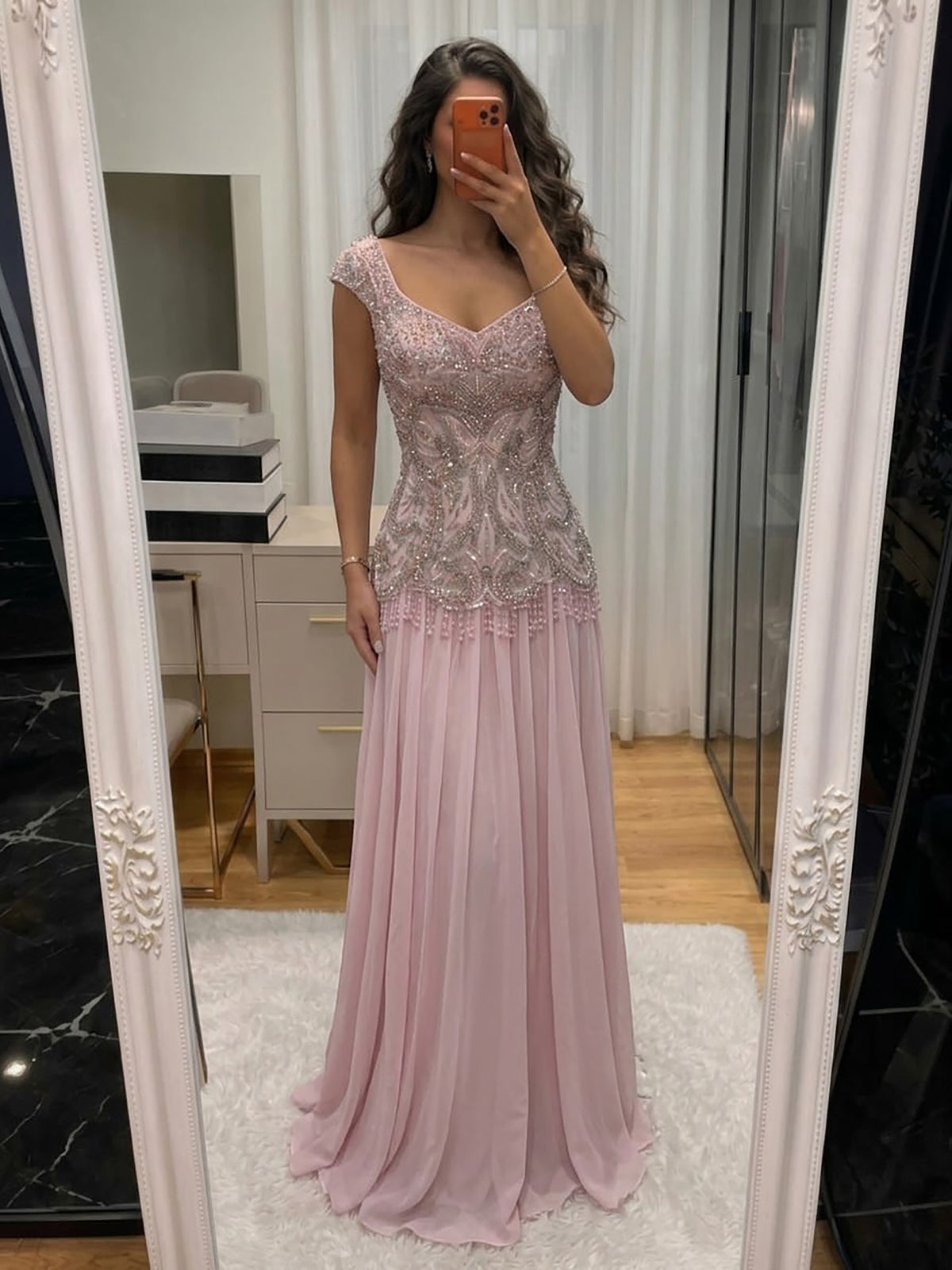 Luxury Pink Beaded Lace Up Back A Line Chiffon Dress LA73983
