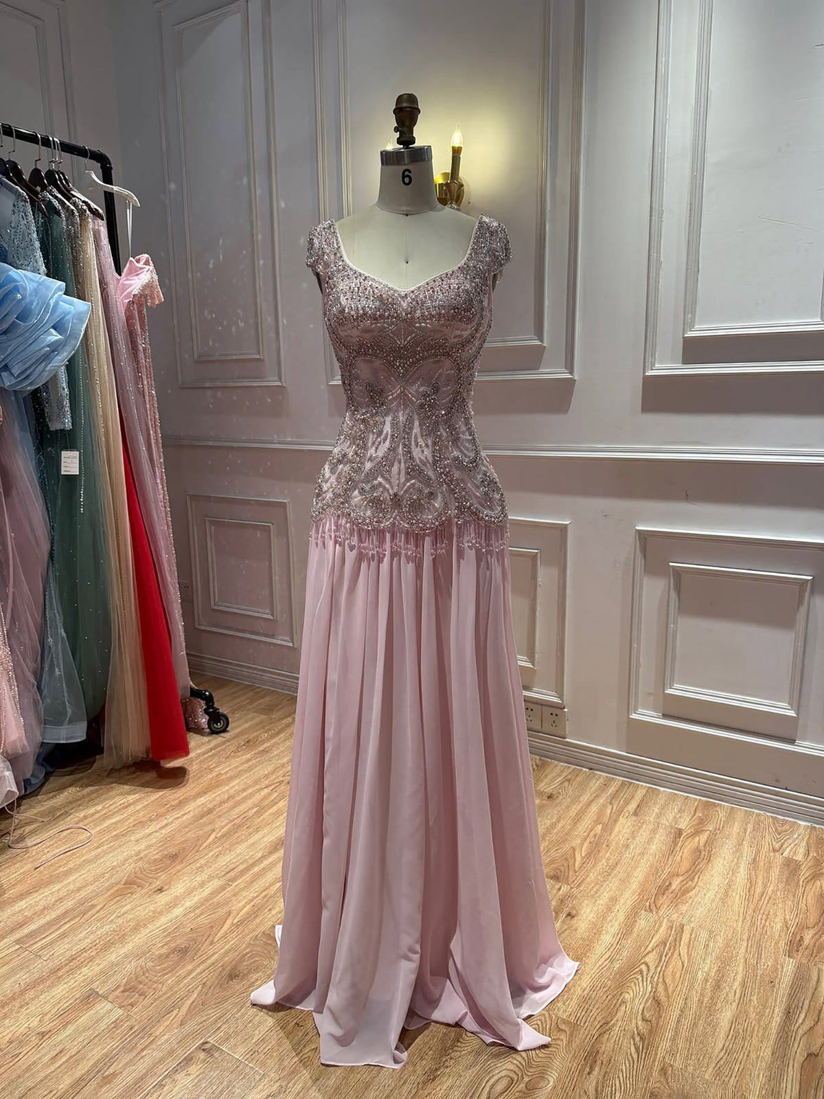 Luxury Pink Beaded Lace Up Back A Line Chiffon Dress LA73983