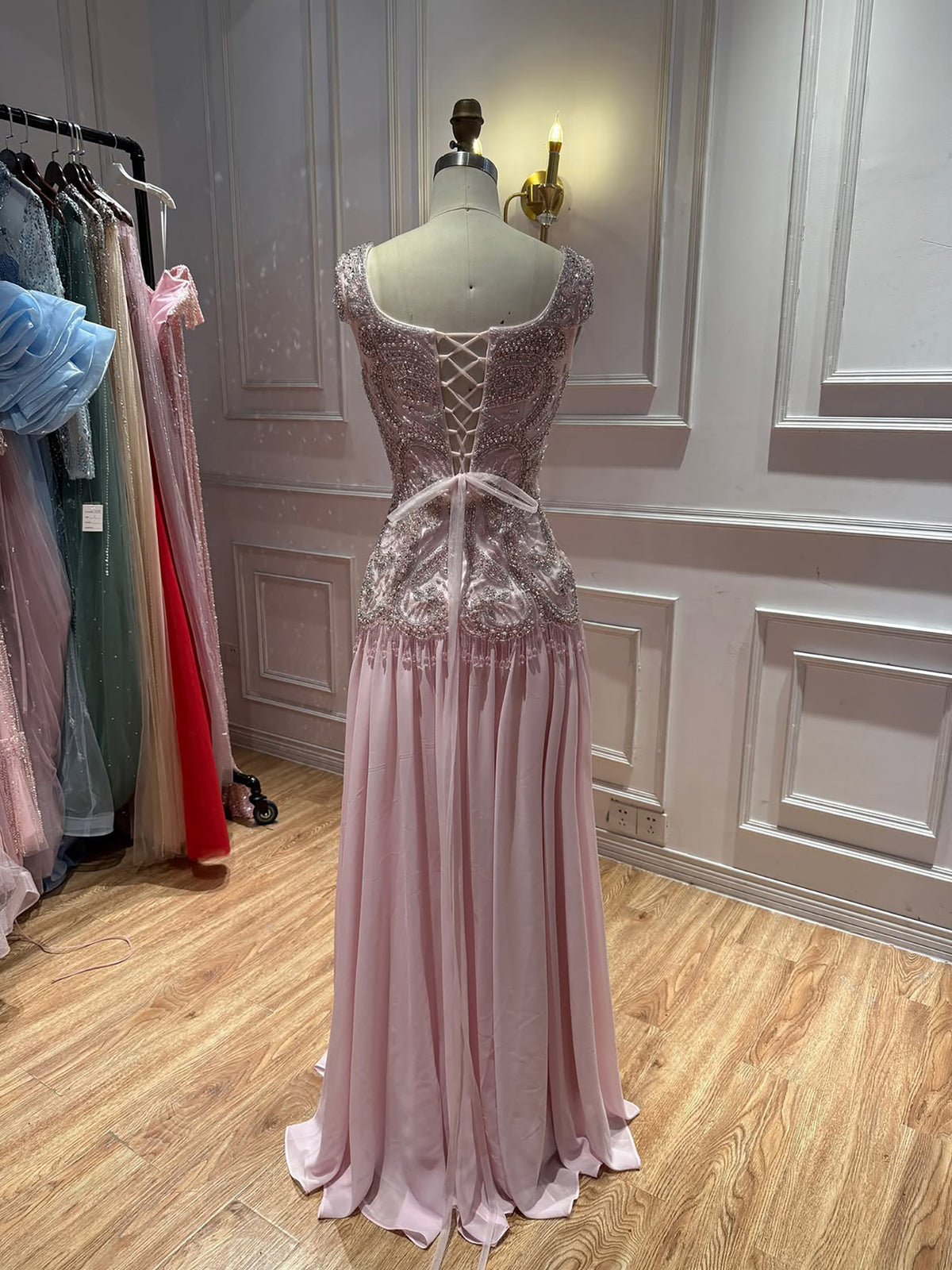 Luxury Pink Beaded Lace Up Back A Line Chiffon Dress LA73983