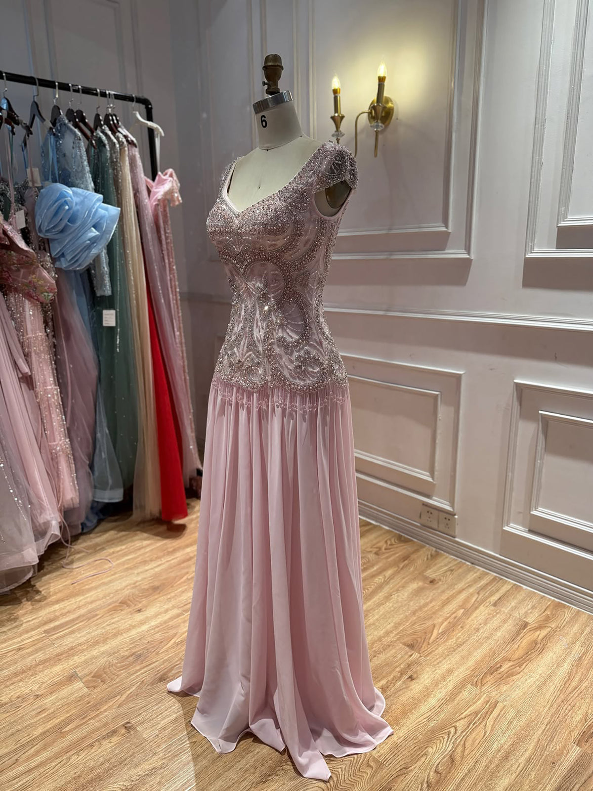 Luxury Pink Beaded Lace Up Back A Line Chiffon Dress LA73983