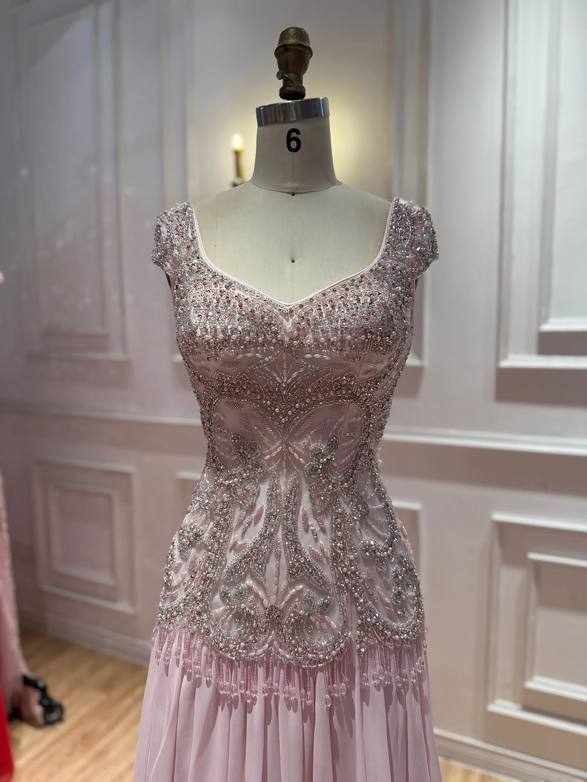 Luxury Pink Beaded Lace Up Back A Line Chiffon Dress LA73983