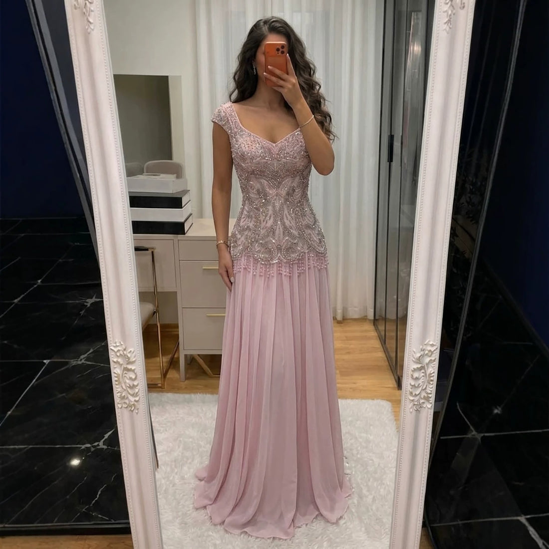 Luxury Pink Beaded Lace Up Back A Line Chiffon Dress LA73983