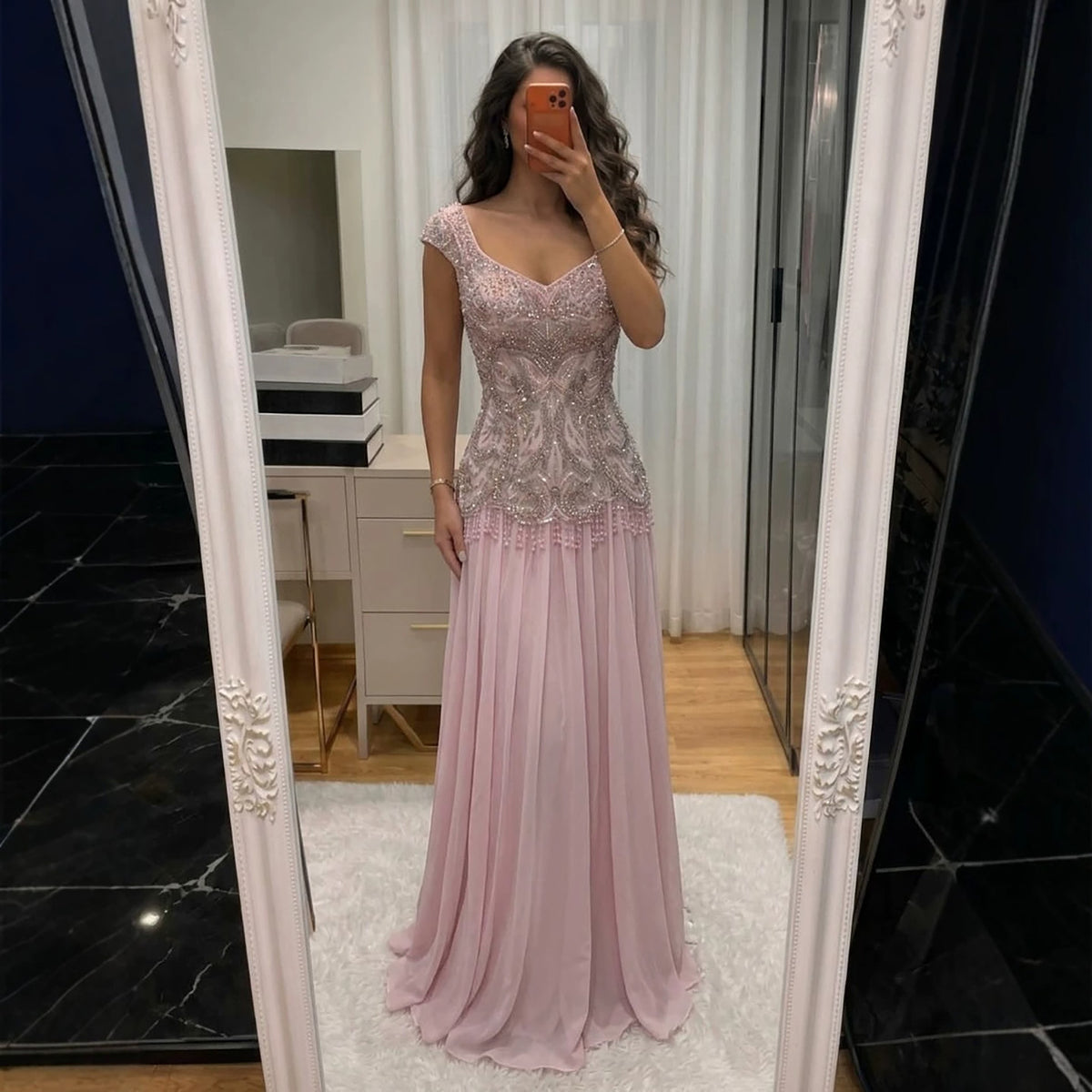 Luxury Pink Beaded Lace Up Back A Line Chiffon Dress LA73983