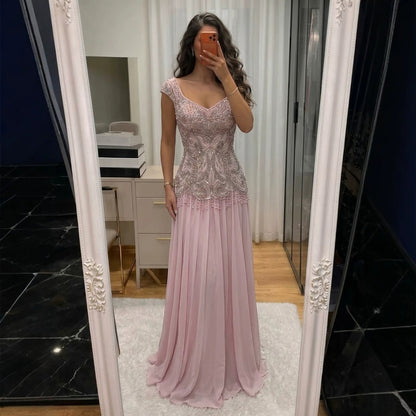 Luxury Pink Beaded Lace Up Back A Line Chiffon Dress LA73983