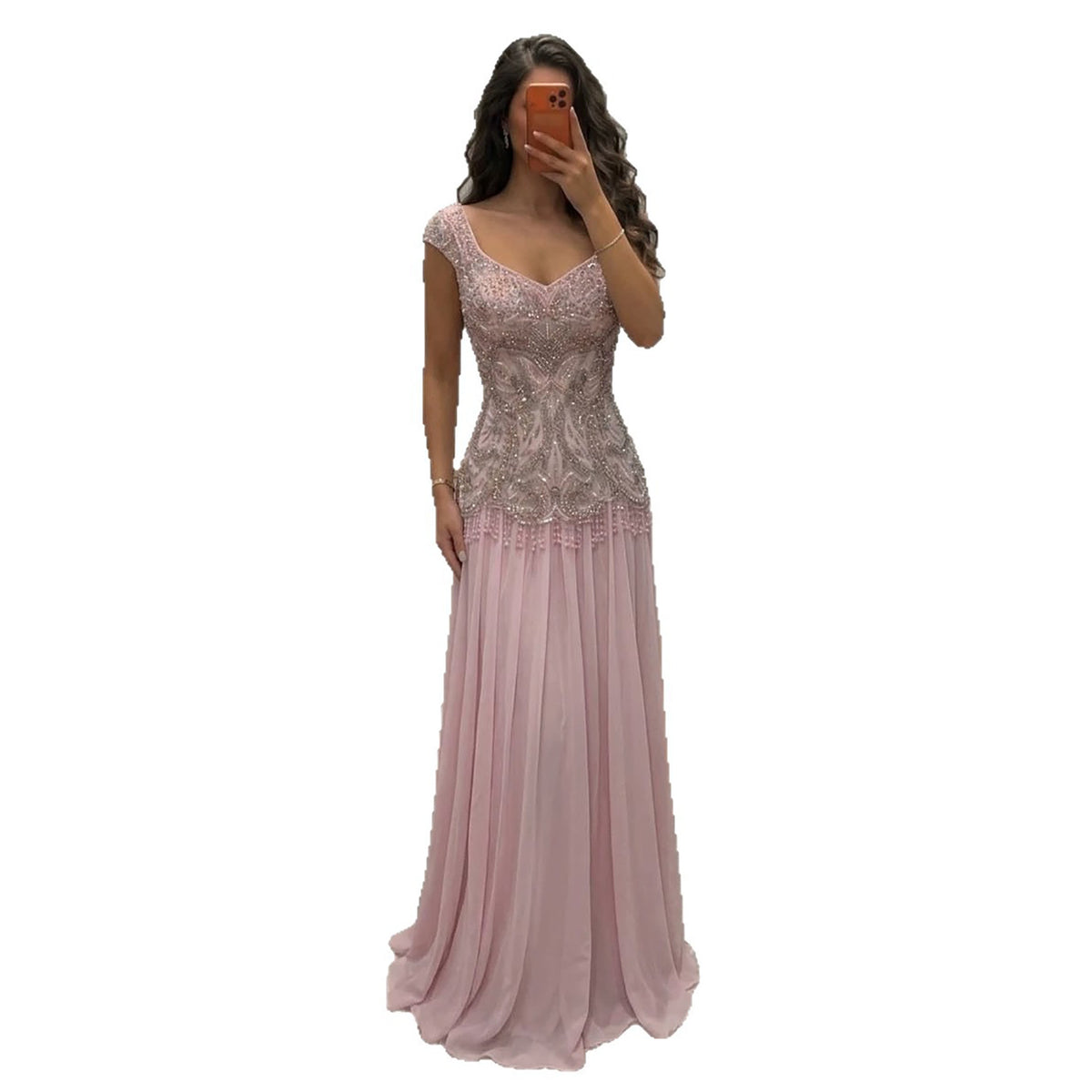 Luxury Pink Beaded Lace Up Back A Line Chiffon Dress LA73983