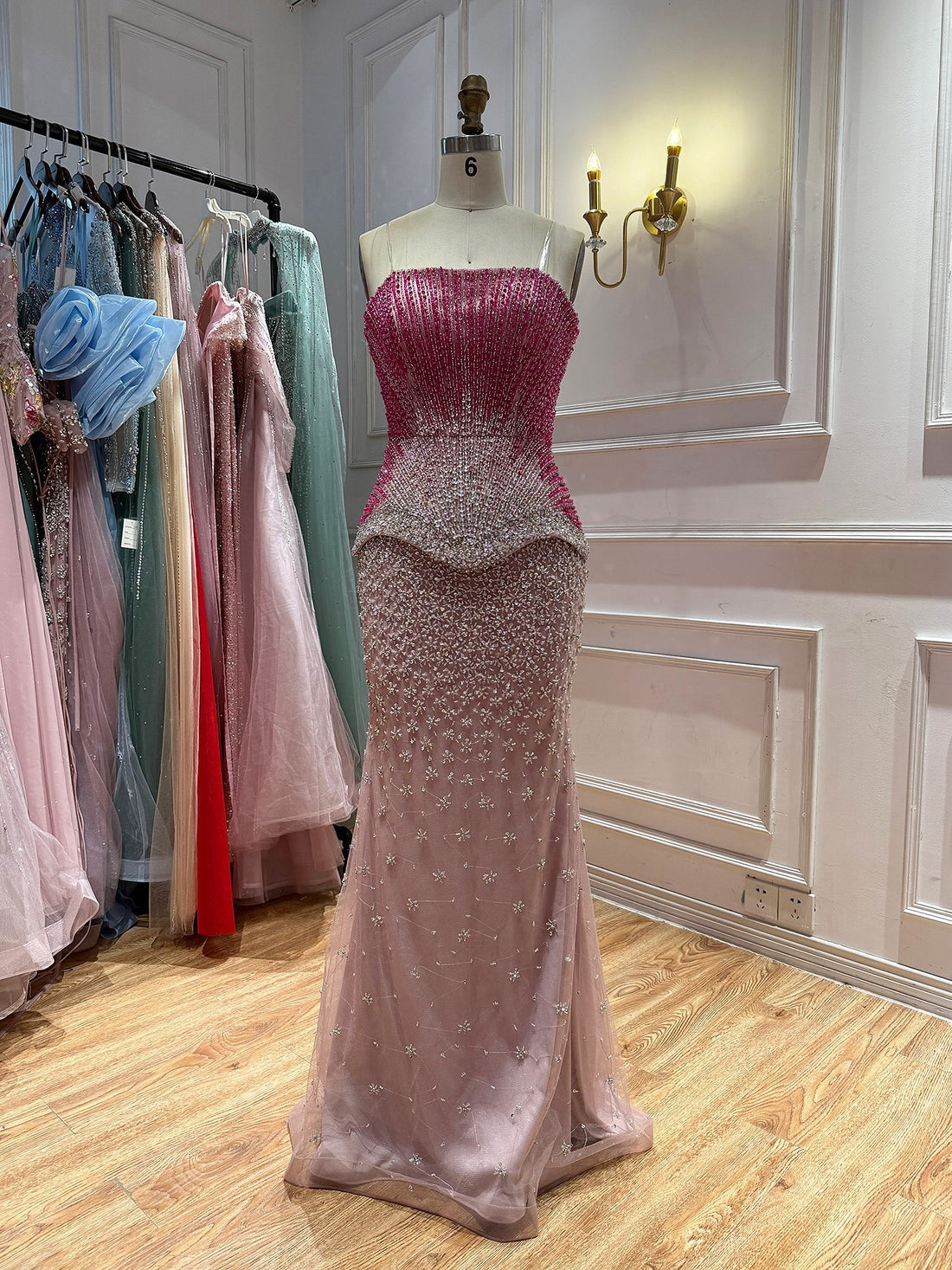 Luxury Rose Pink Beaded Strapless Mermaid Gown LA73984