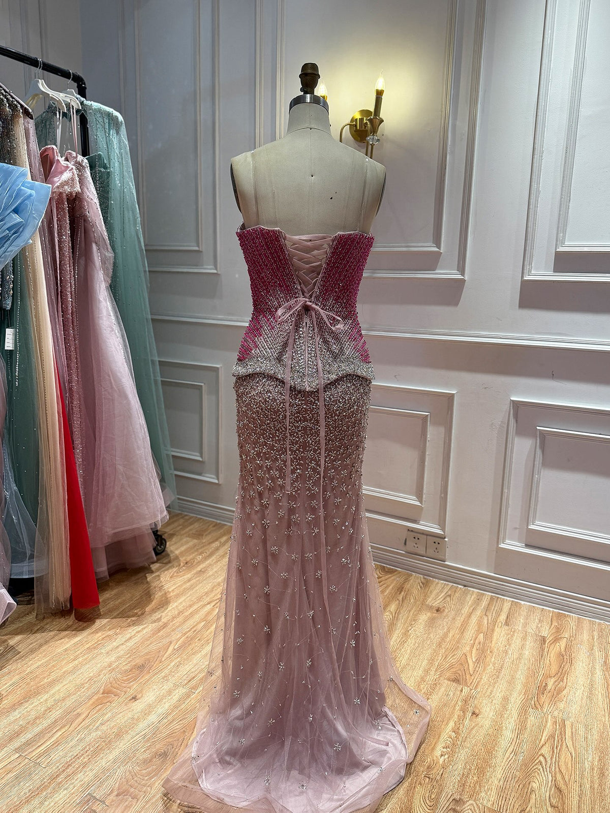 Luxury Rose Pink Beaded Strapless Mermaid Gown LA73984