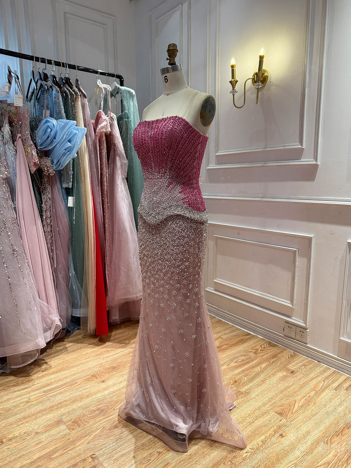 Luxury Rose Pink Beaded Strapless Mermaid Gown LA73984