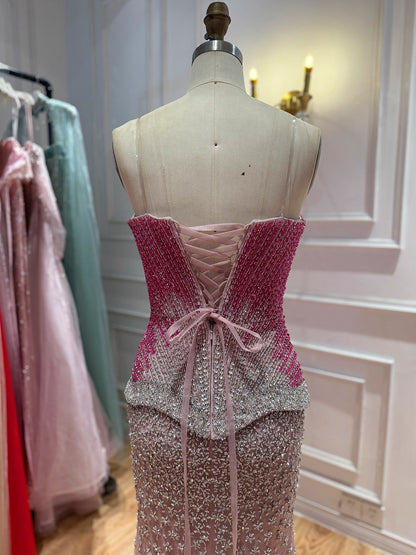 Luxury Rose Pink Beaded Strapless Mermaid Gown LA73984
