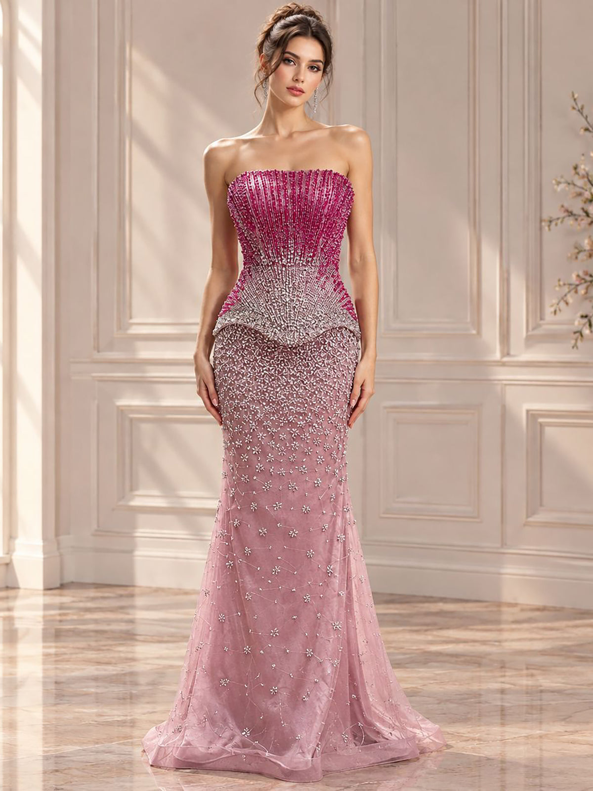 Luxury Rose Pink Beaded Strapless Mermaid Gown LA73984